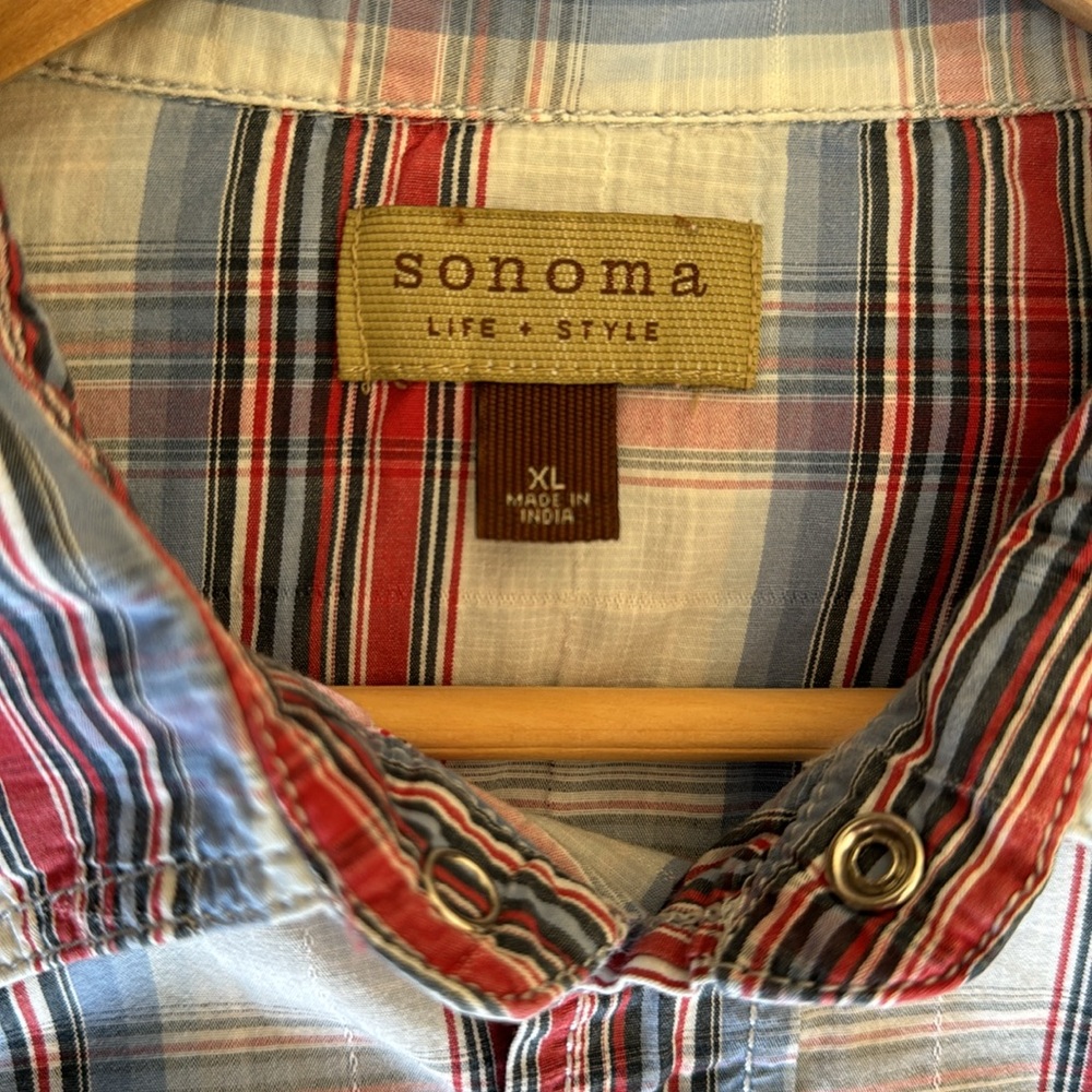 Sonoma cotton plain red white & blue plaid western snap shirt XL - Picture 4 of 6